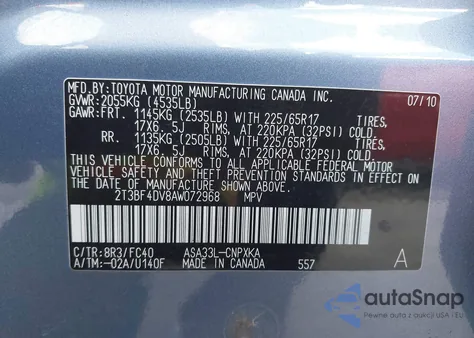 2010 Toyota Rav4 from USA, damaged, VIN 2T3BF4DV8AW072968